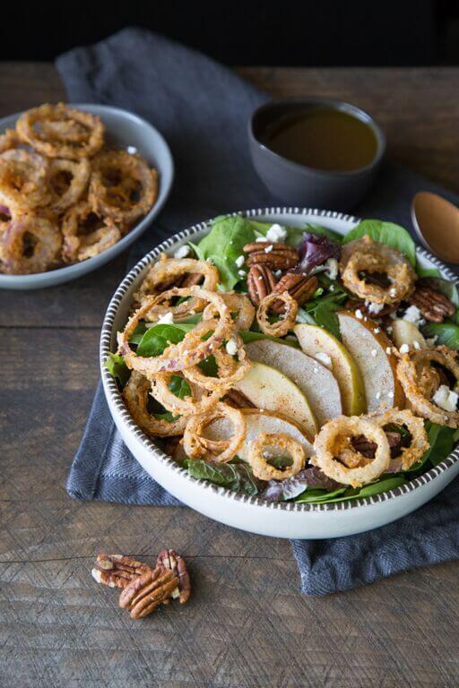 Mixed Greens with Roasted Fall Fruit, Frizzled Onions and Honey Mustard Vinaigrette