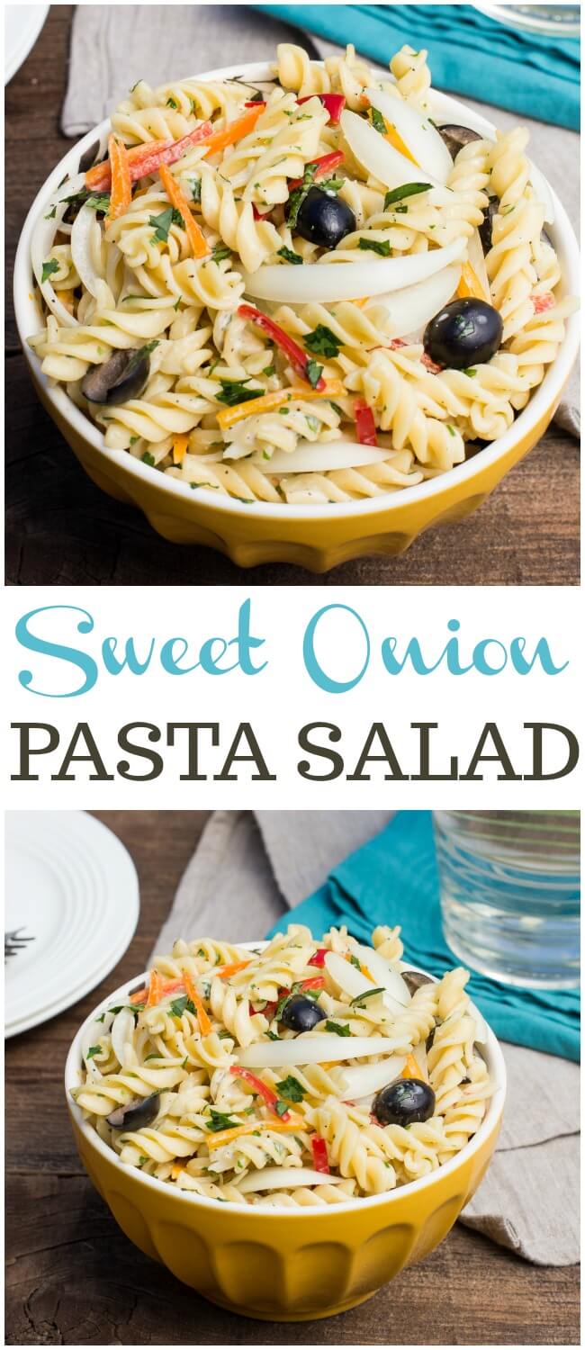 This Sweet Onion Pasta Salad with Creamy Herb Dressing is perfect for a light dinner, side dish or lunch. The touch of sweet onions is perfection.