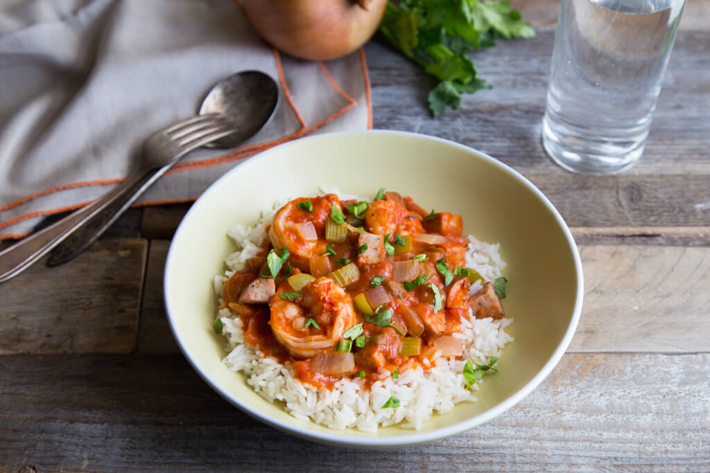 This Shrimp and Chicken Sausage Gumbo recipe starts with the Cajun Holy Trinity of onions, celery, and green bell peppers! Get the recipe at onions-usa.org.