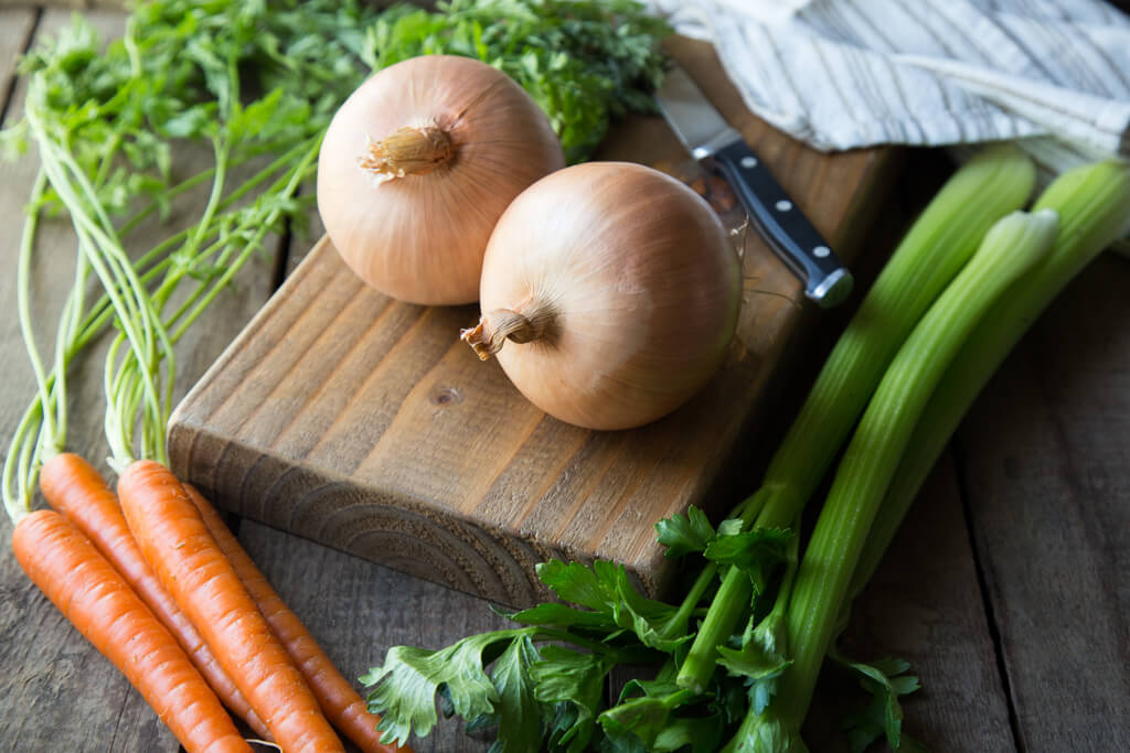 Onion cooking tips: The French mirepoix is a flavorful mix of onions, carrots, and celery used to start delicious recipes like soups and stews.