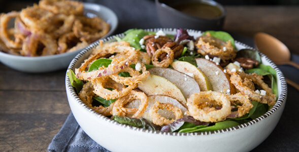 Mixed Greens with Roasted Fall Fruit, Frizzled Onions and Honey Mustard Vinaigrette National Onion Association