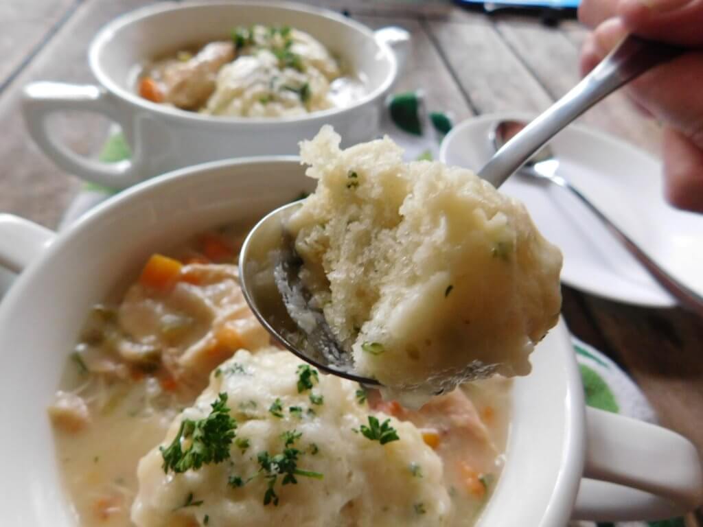 A spoon of Chicken and Dumplings