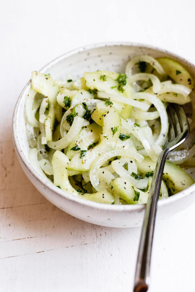 Marinated Onion and Cucumber Salad in white bowl with fork — Vegetarian Recipes with Onion