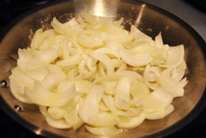 Wedged onions in silver pan