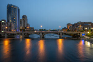 Grand River and Pearl Street Bridge in downtown Grand Rapids, Michigan.