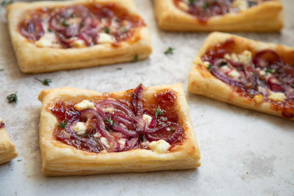 Goat cheese, onion and jam tarts