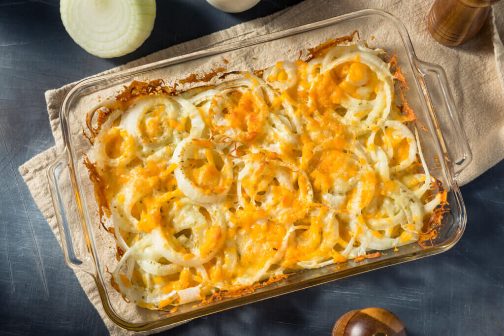 Tennessee Onions in gls dish topped with cheese