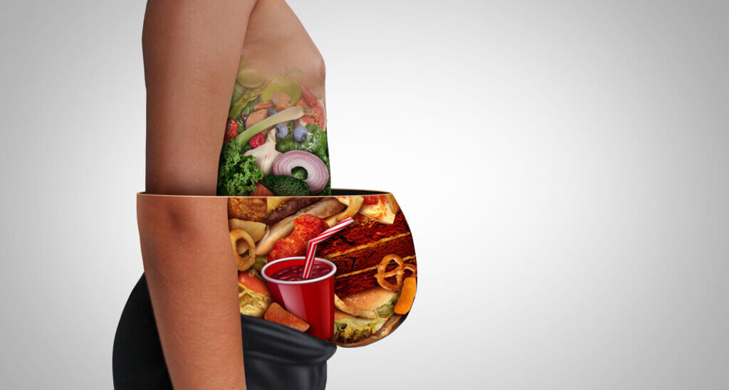 Losing weight and nutrition as an unhealthy diet or healthy food with a fat and normal person as a stomach made from junk food or health ingredients as a dieting fitness issue with 3D illustration elements.
