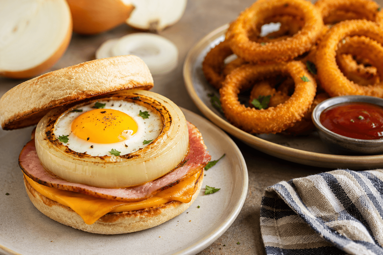 Breakfast sandwich and onion rings