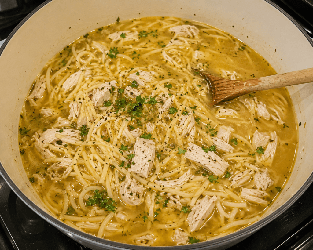 AI-created photo of Easy Chicken Spaghetti Soup.