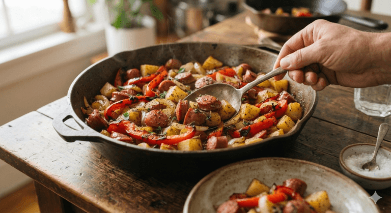 skillet hot dogs, potatoes, red peppers and onions