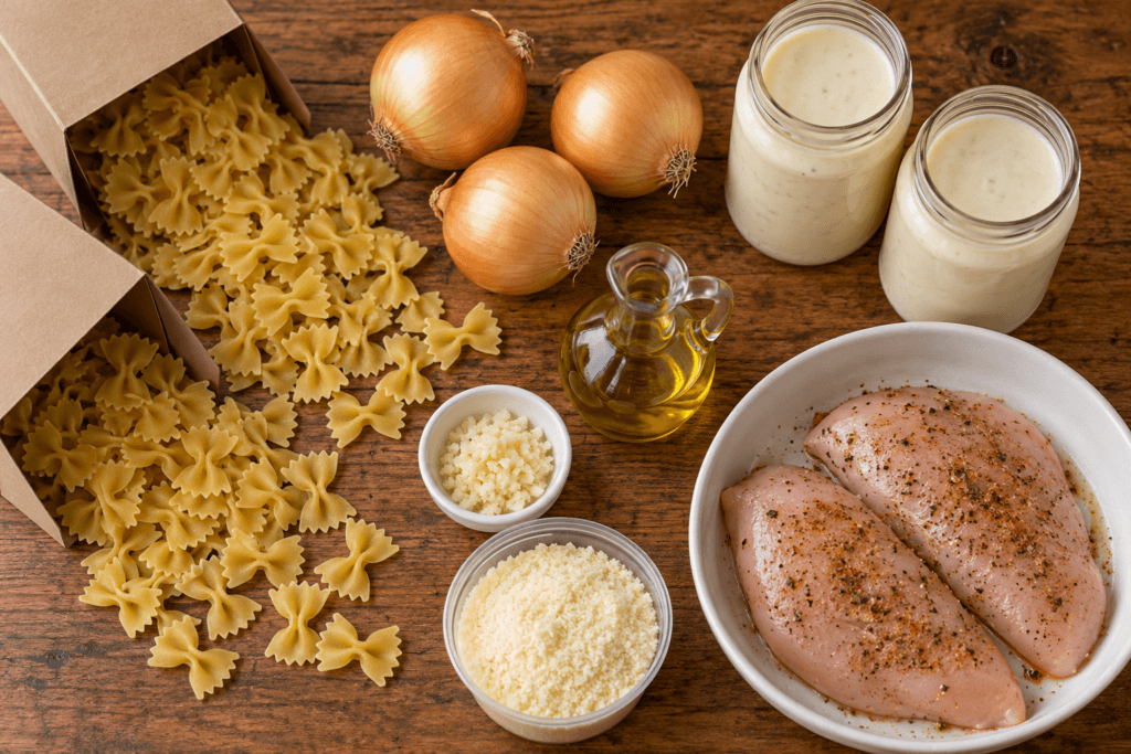 Caramelized onion pasta with chicken alfredo ingredients