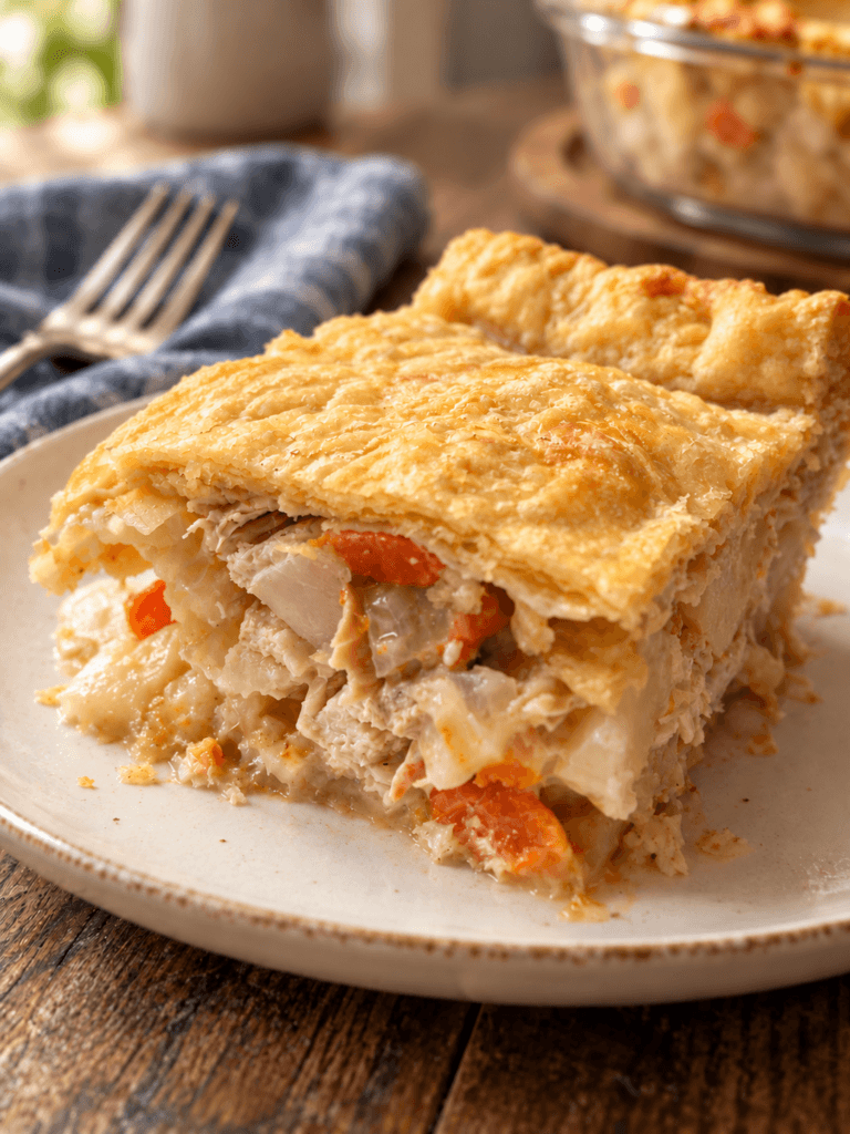 Piece of chicken pot pie on white plate