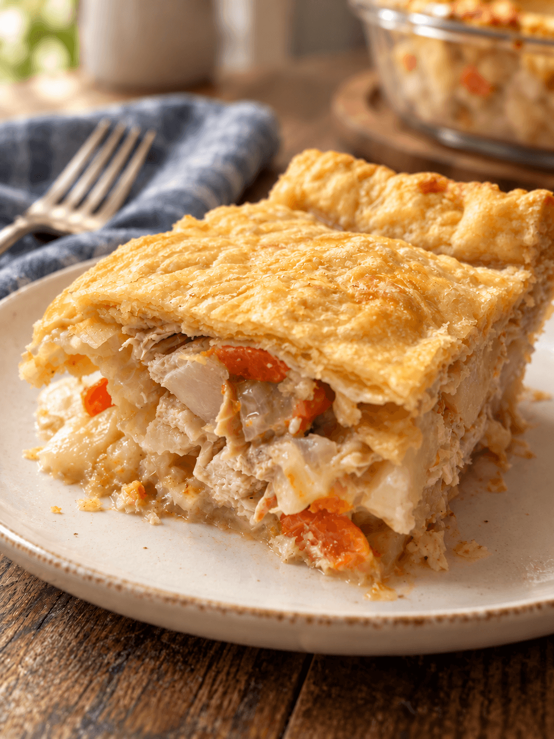 Piece of chicken pot pie on white plate